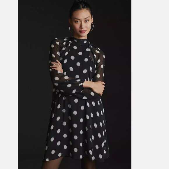 NWT Anthropologie Maeve Long-Sleeve Polka Dot Sheer Mini Dress, Size Medium - Picture 3 of 14